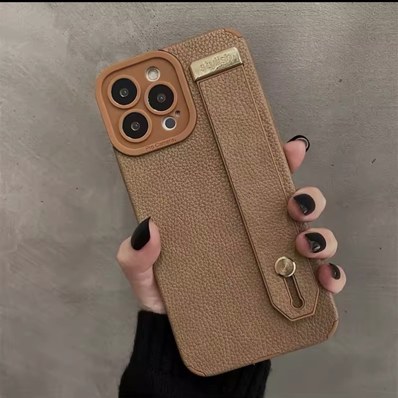 Accessories - iPhone 16 Pro Max Case/Brown Textured Faux Leather with Gold Accents/Hand Strap